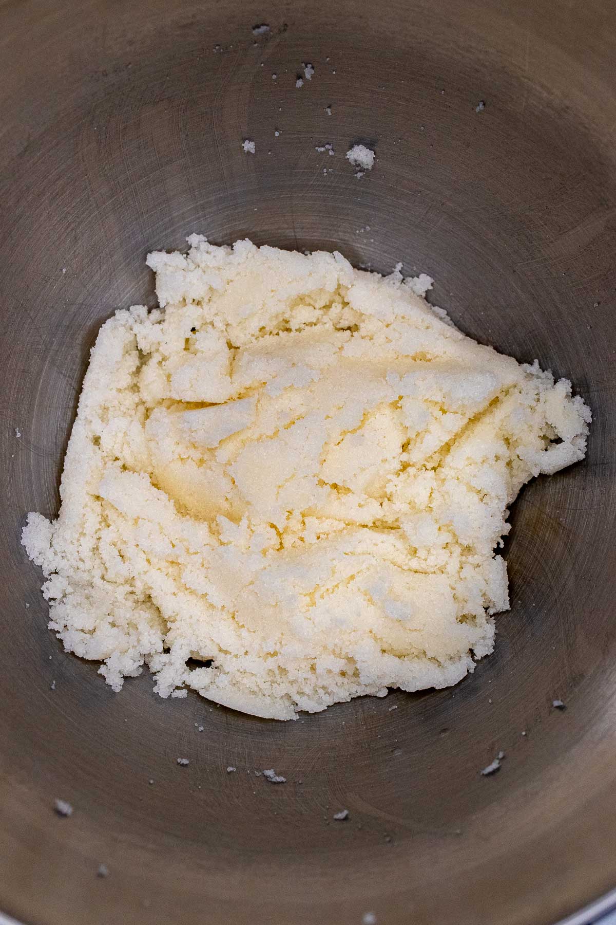 Butter and sugar creamed together in mixing bowl of stand mixer.