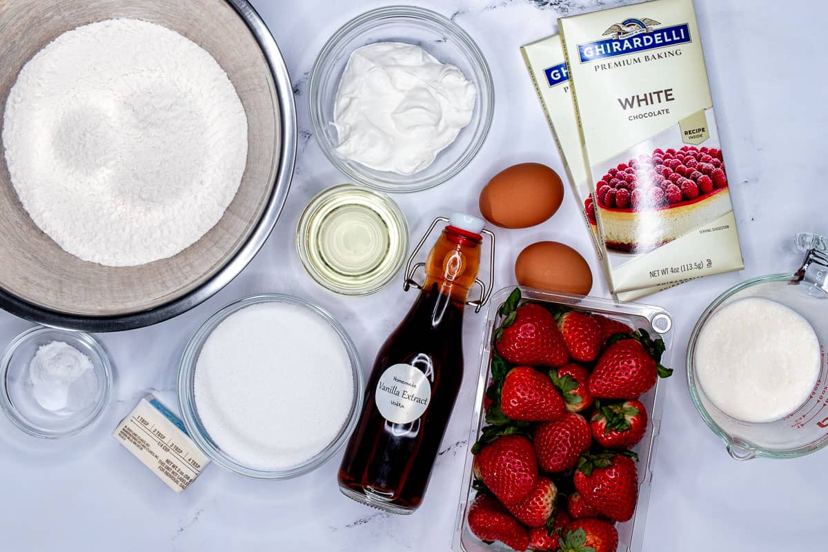 Ingredients for white chocolate strawberry cupcakes.