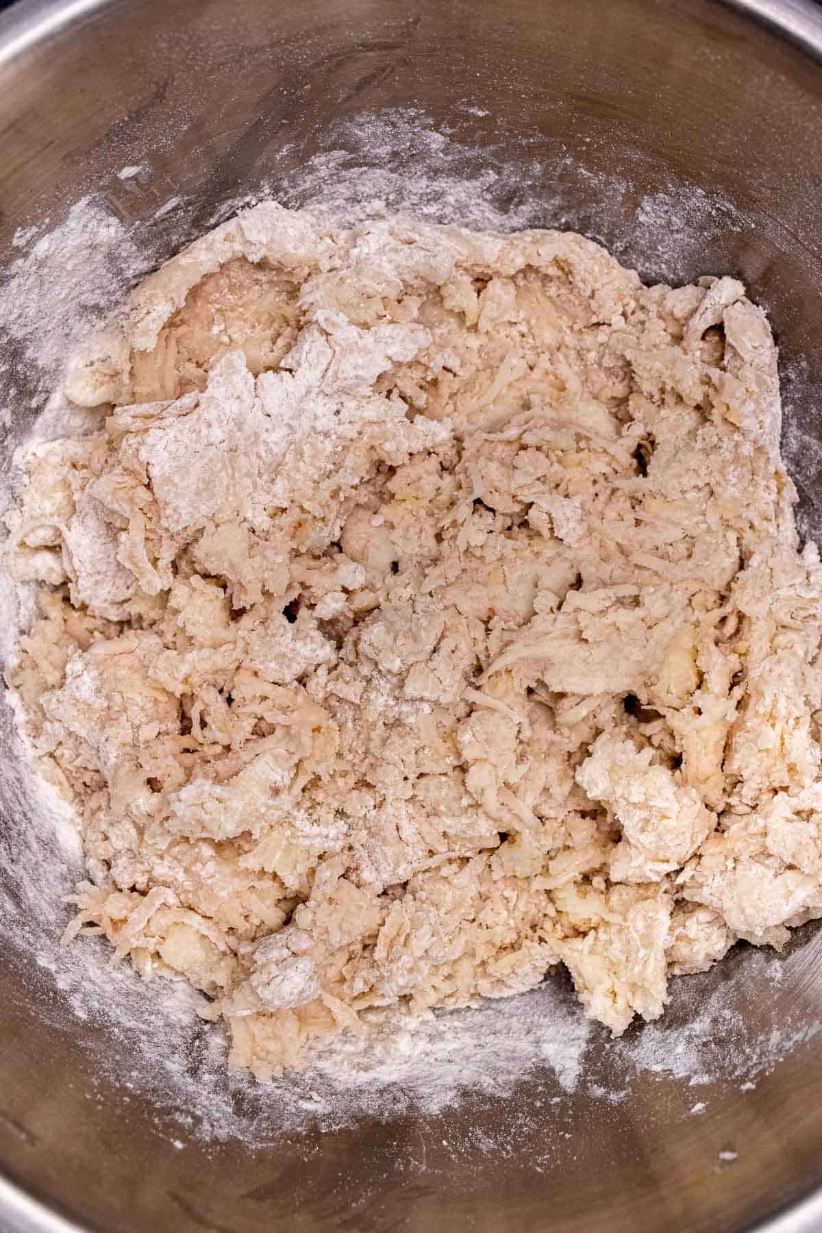 Flour, salt, and baking soda mixed into the mashed potatoes for Boxty.