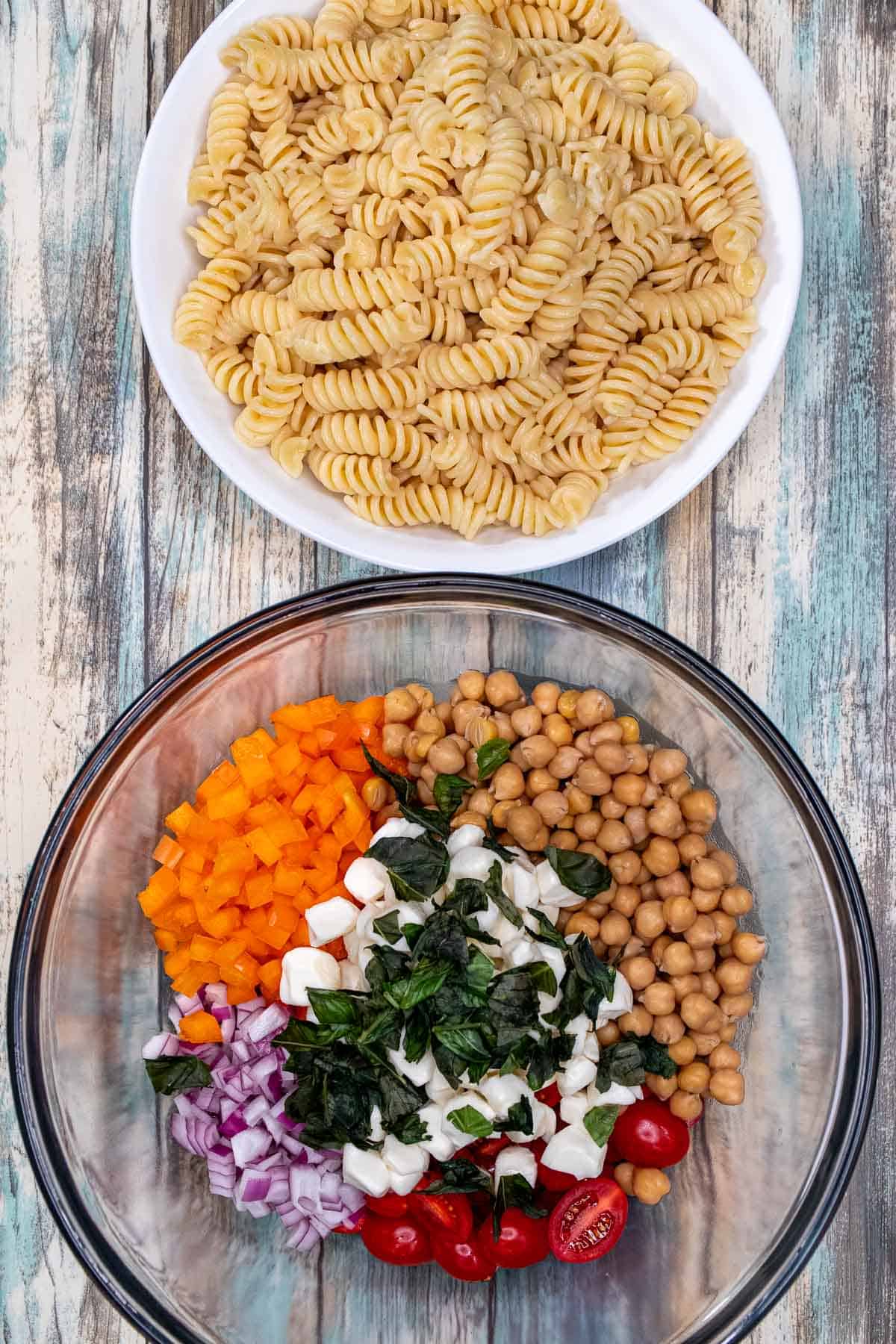 Prepared ingredients for easy pasta salad.
