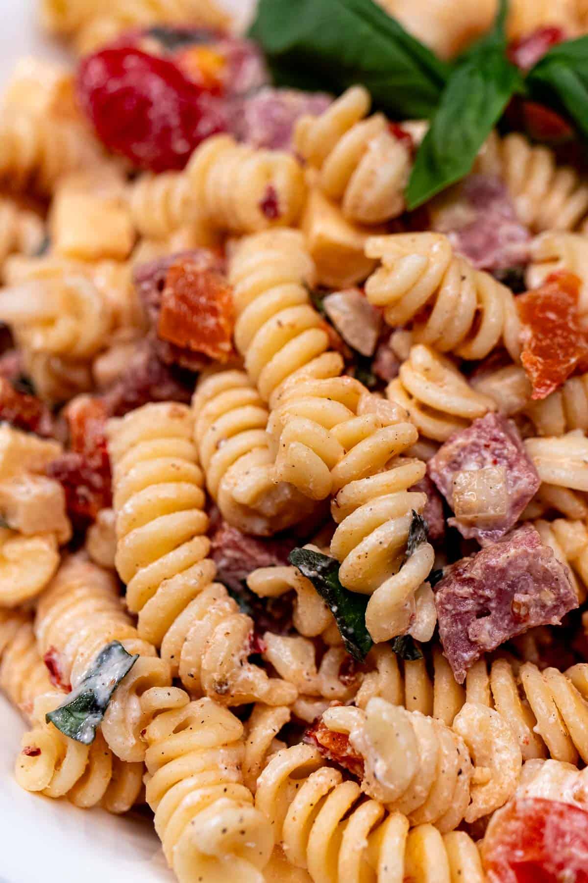 Close up view of smoky, creamy pasta salad with summer sausage.