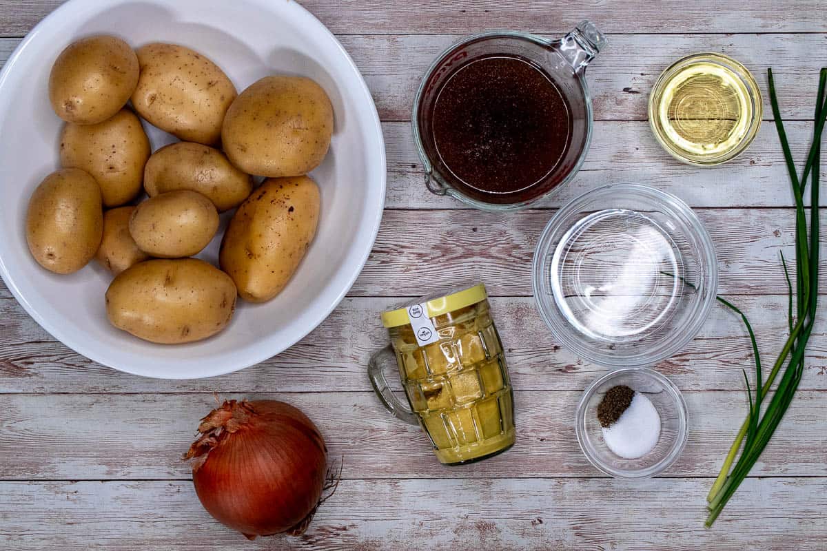 Ingredients for making a Swabian-style southern German potato salad without mayo.