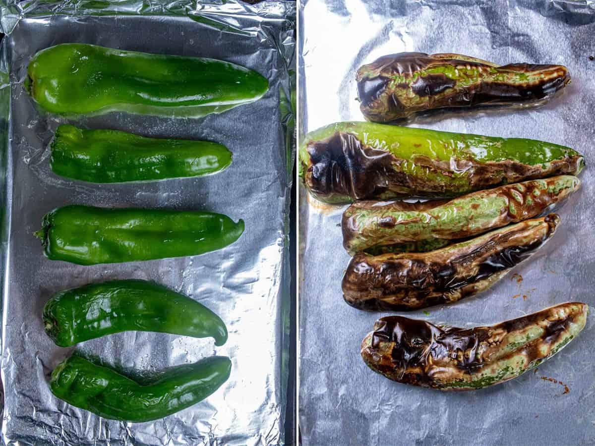Roasting Hatch chiles until well charred.