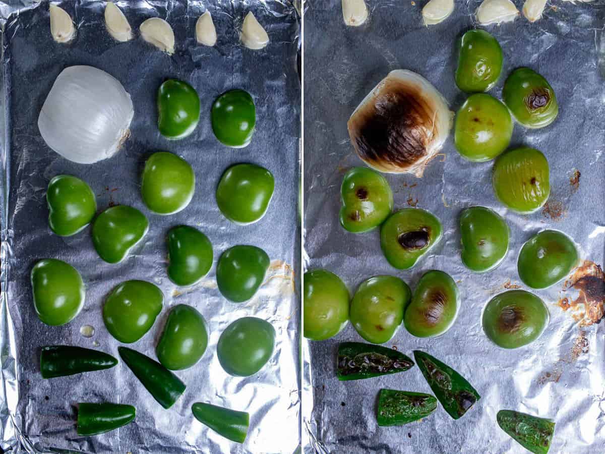 Roasting the vegetables for pozole verde until charred and softened.