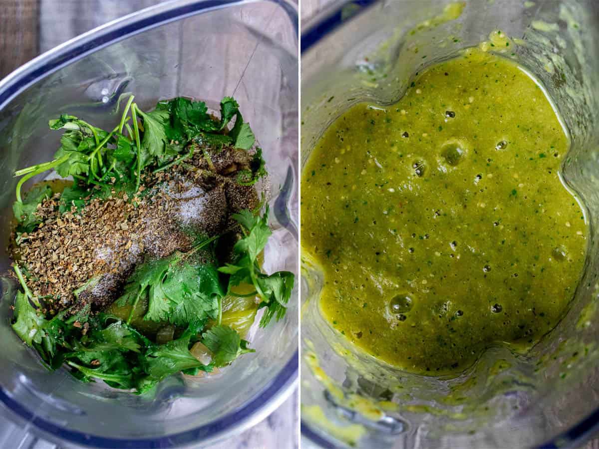 Blending the salsa verde ingredients until a smooth sauce is made.