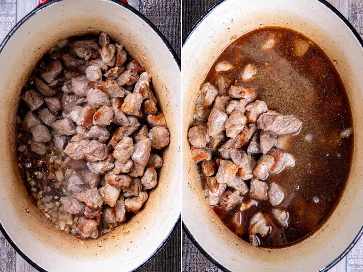 Mixing the pork and onion, then deglazing and filling with chicken stock.