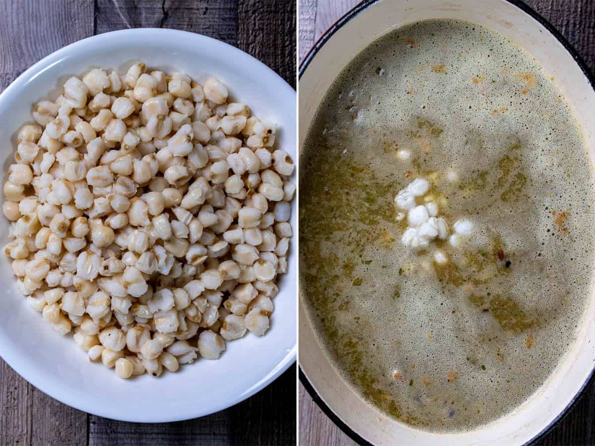 Rinsed hominy and salsa verde added to the pork broth for pozole verde.