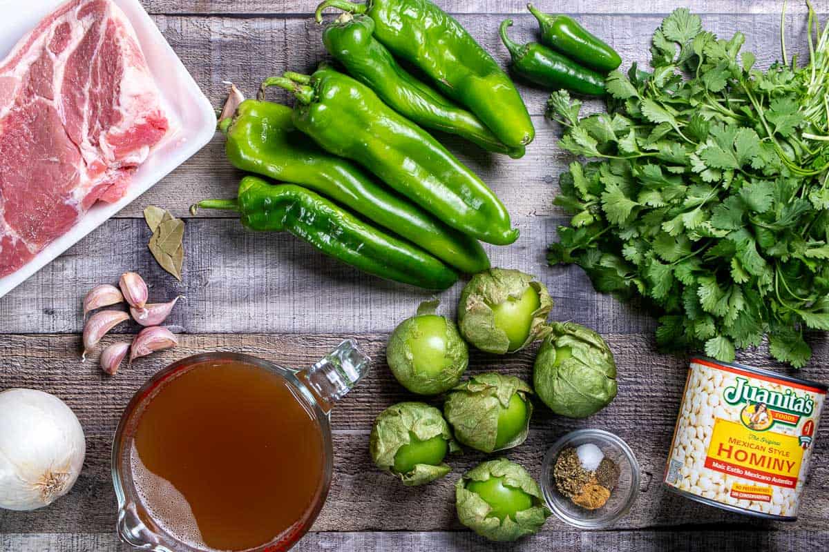 Ingredients for making New Mexican pork pozole verde with Hatch chiles.