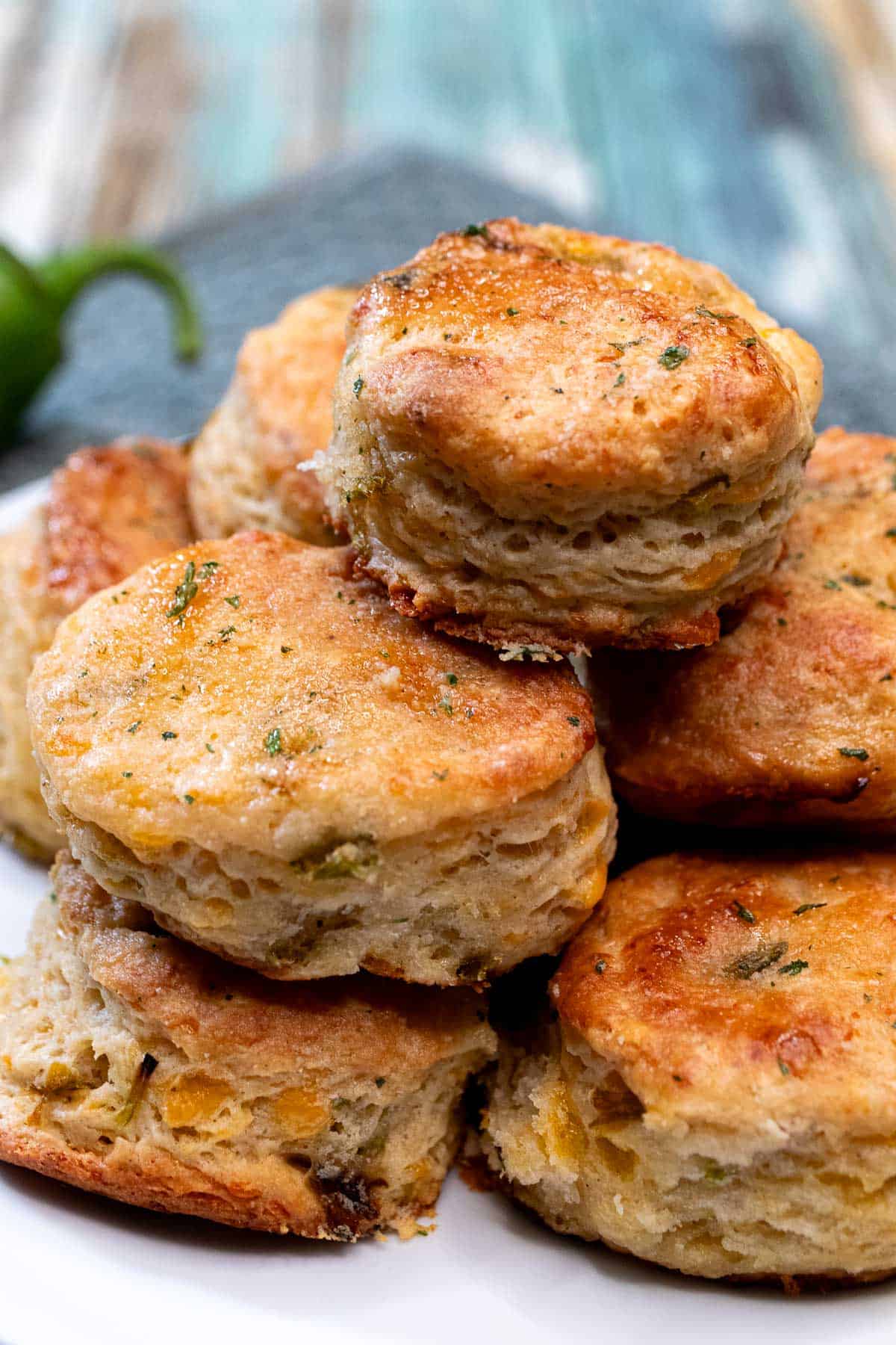 A plate of fluffy Hatch chile biscuits.