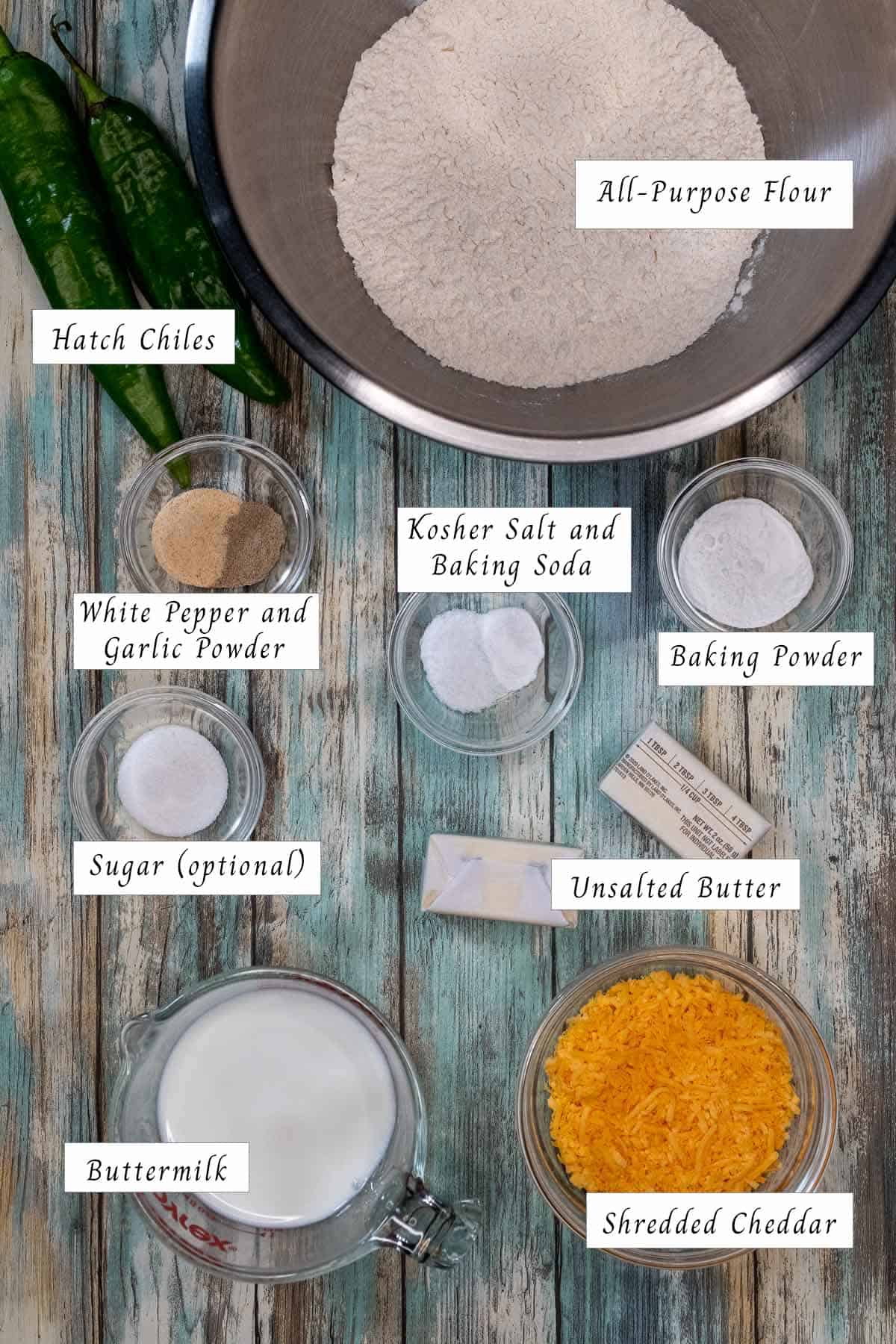 Ingredients for making Hatch green chile cheddar biscuits.