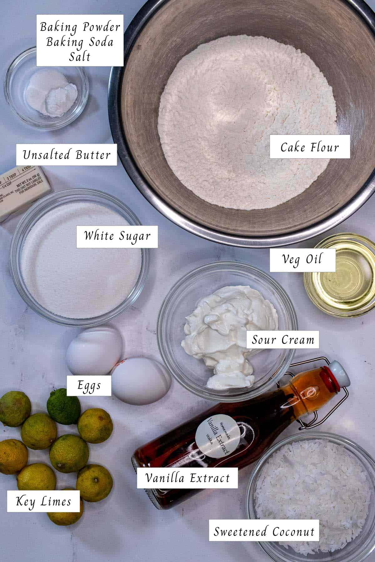Ingredients for making key lime coconut cupcakes.