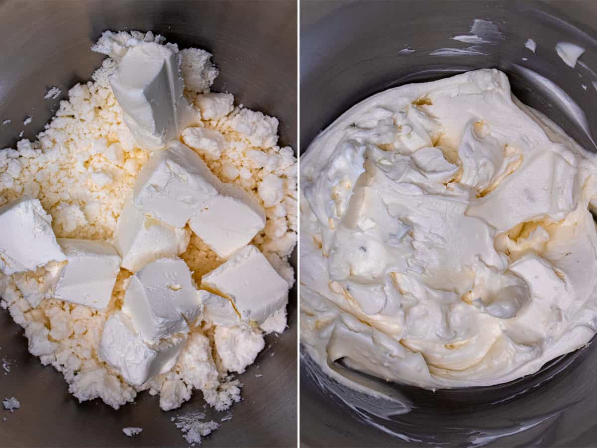Adding cream cheese to the butter and sugar mixture, then whipping in key lime and extracts until smooth.