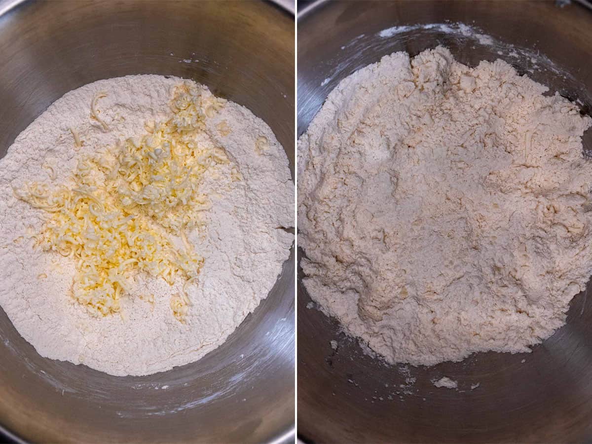 Grated butter added to flour mixture, then mixed together.