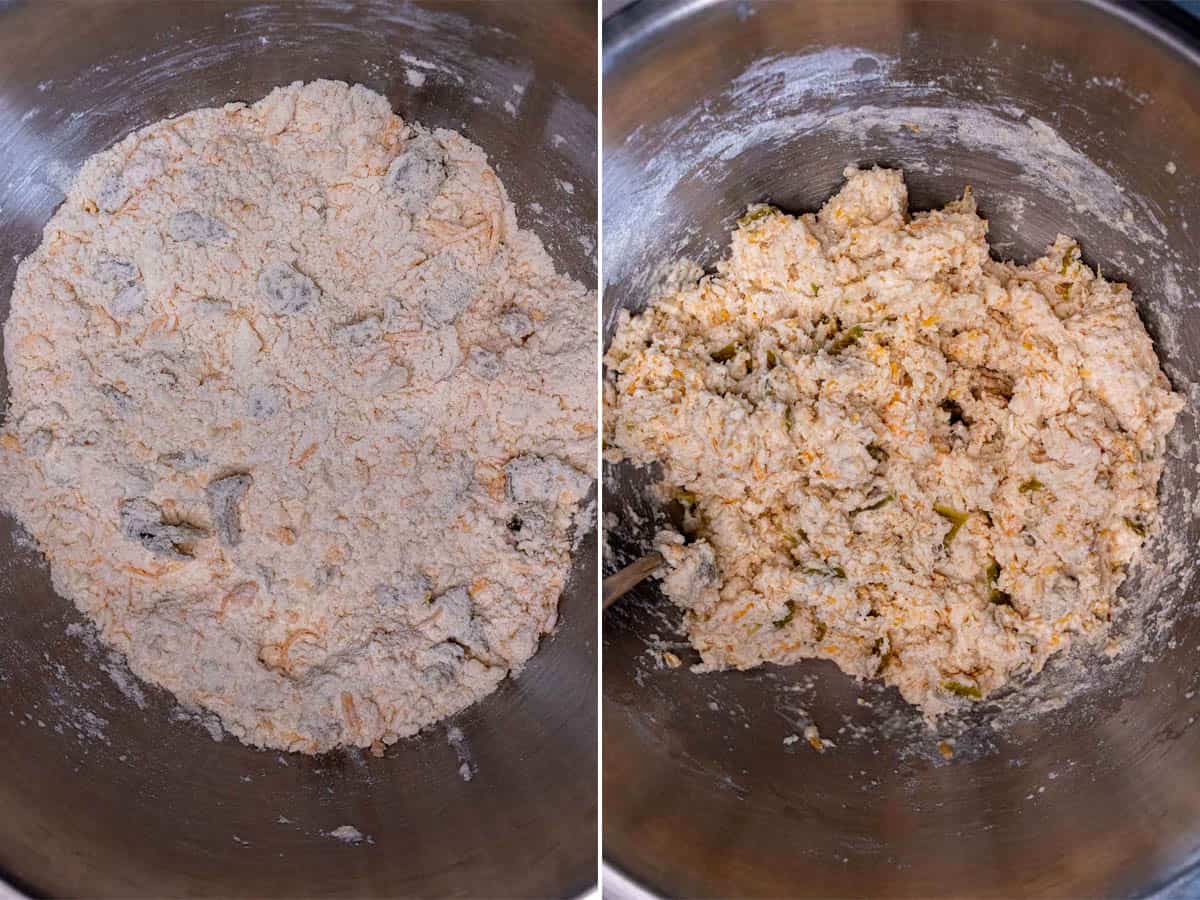Hatch chiles and shredded cheddar added to dry biscuit ingredients, then mixed with buttermilk.