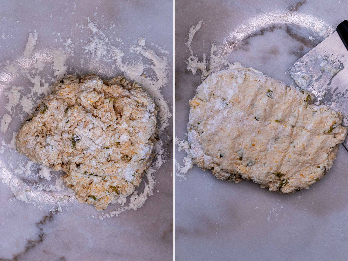 Rough biscuit dough on floured work surface, then worked into useable biscuit dough.