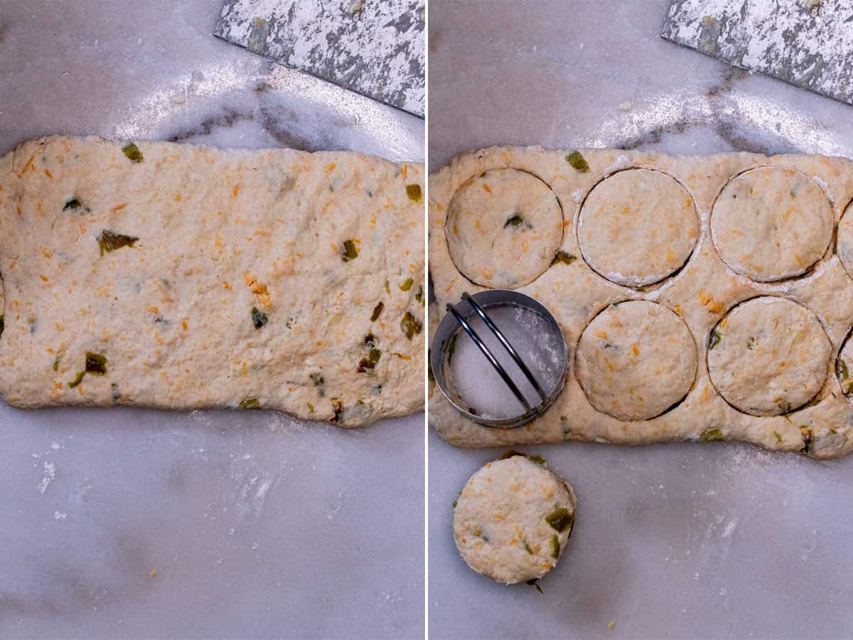 Biscuit dough flattened into rough rectangle, then portioned with round biscuit cutter.