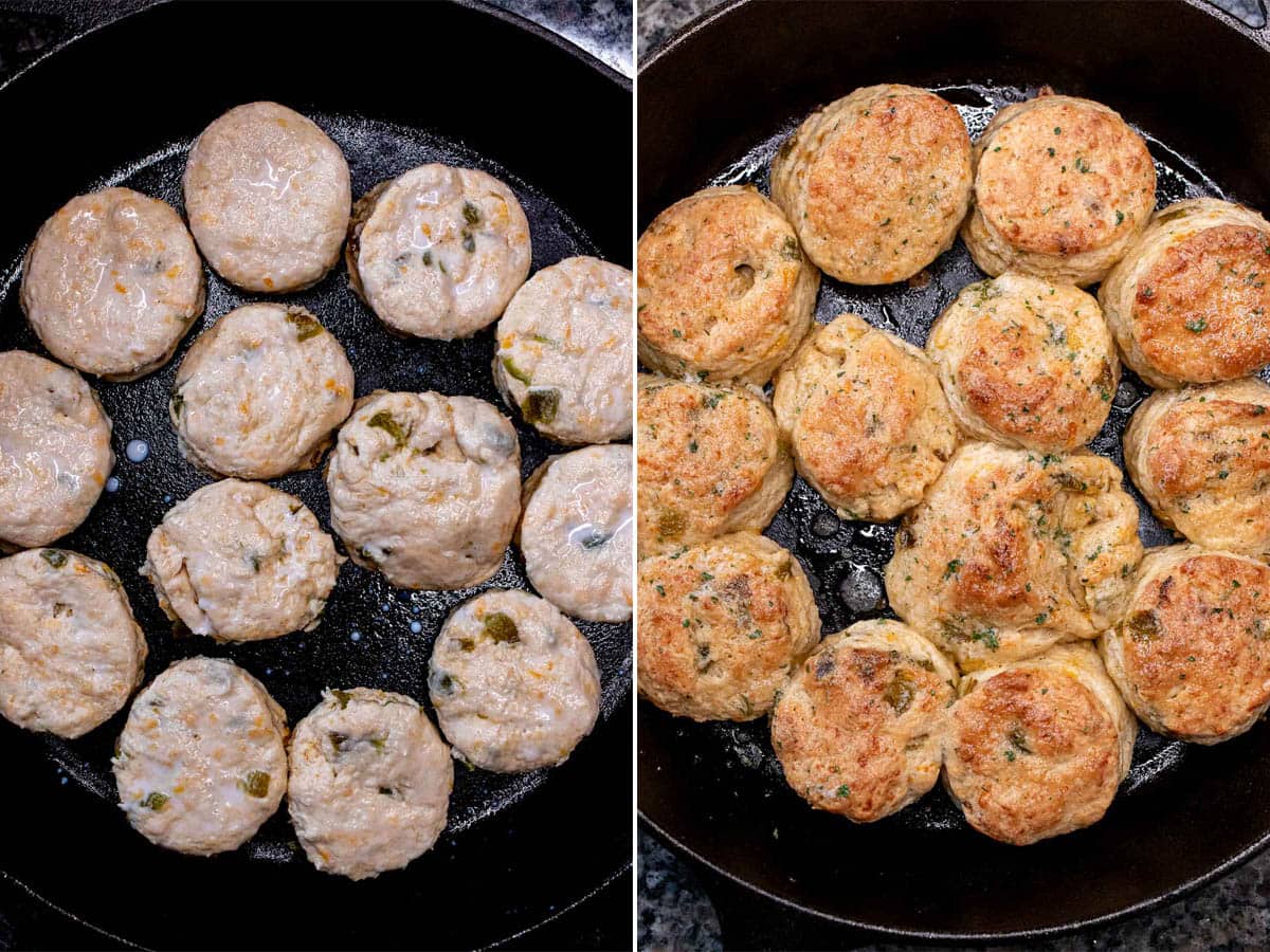 Hatch chile cheddar biscuits before and after baking.