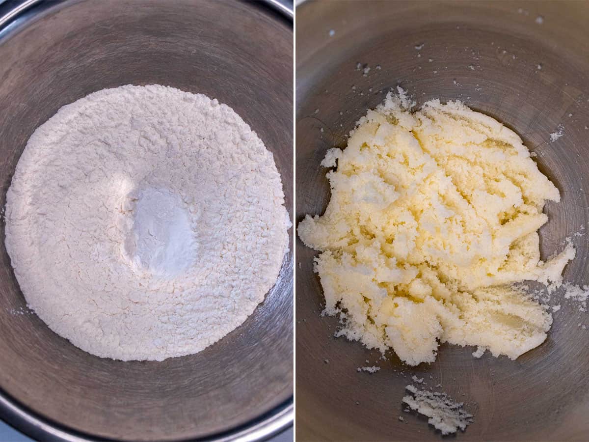 Dry ingredients for cupcakes and a bowl with creamed butter and sugar.