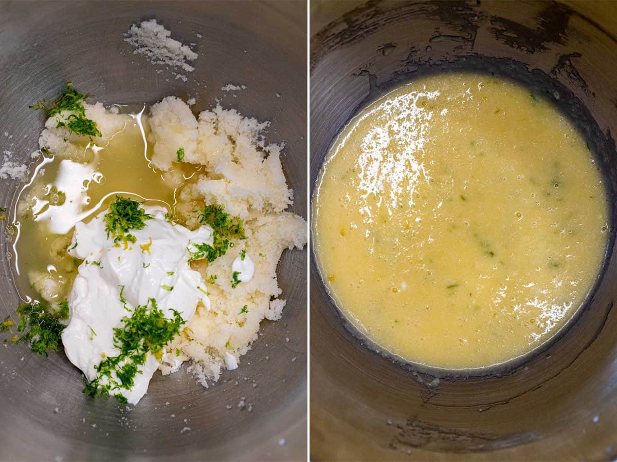The rest of the wet ingredients added to creamed butter and sugar, then with the eggs added and all mixed.