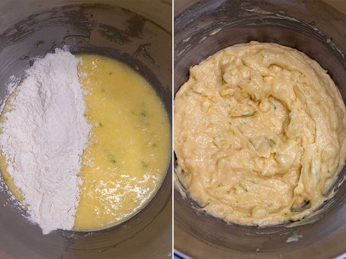 The dry ingredients added to the wet ingredients and then shredded coconut folded into the batter.