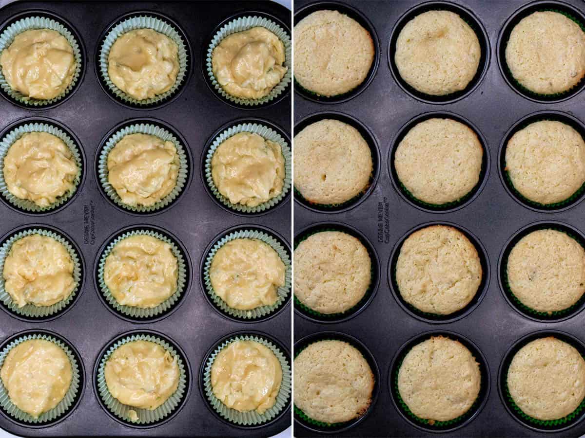 Before and after baking key lime coconut cupcakes.