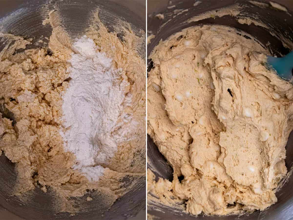 Adding dry ingredients to wet ingredients, then folding in white chocolate chips.