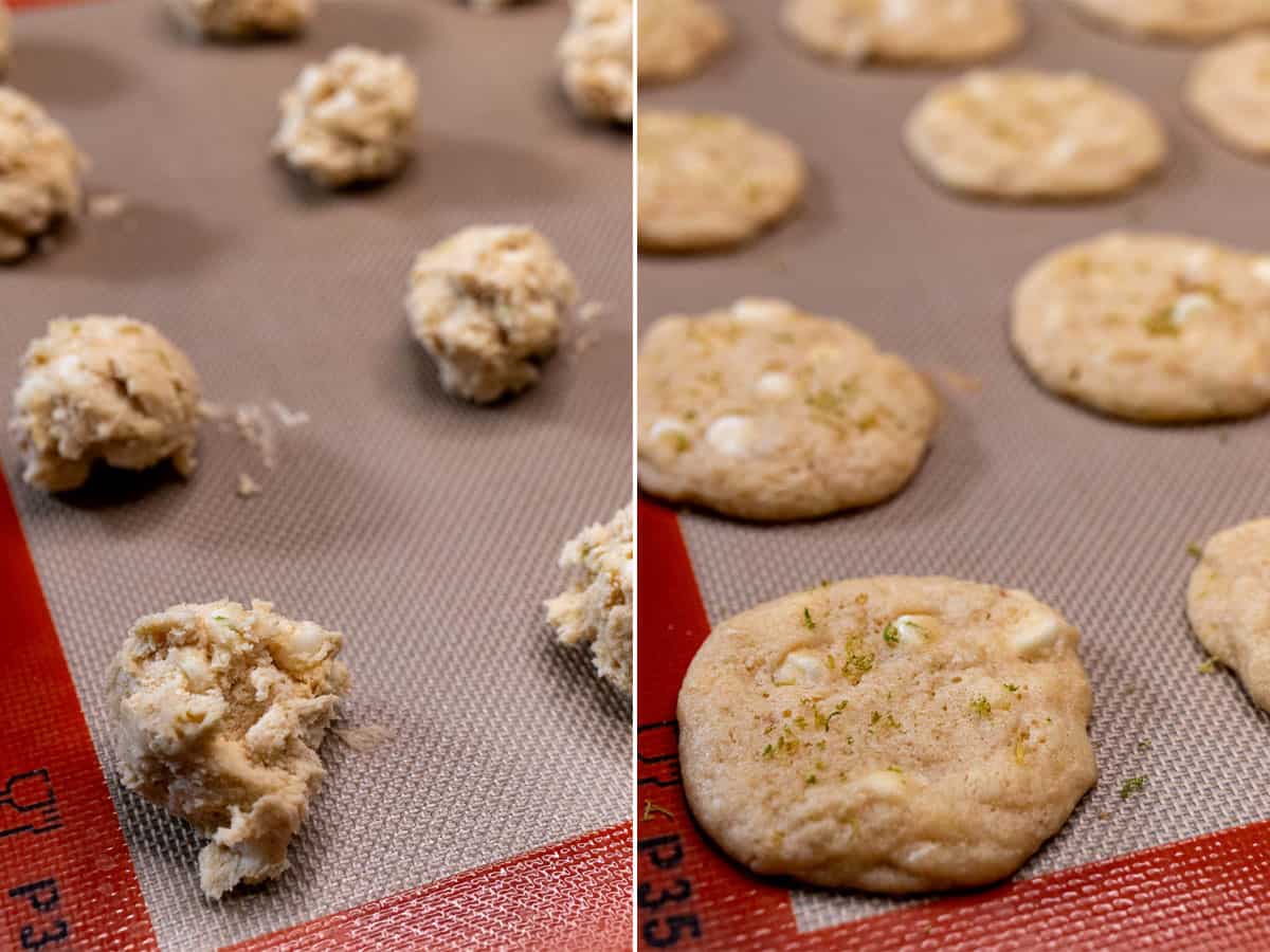Before and after baking white chocolate key lime cookies.