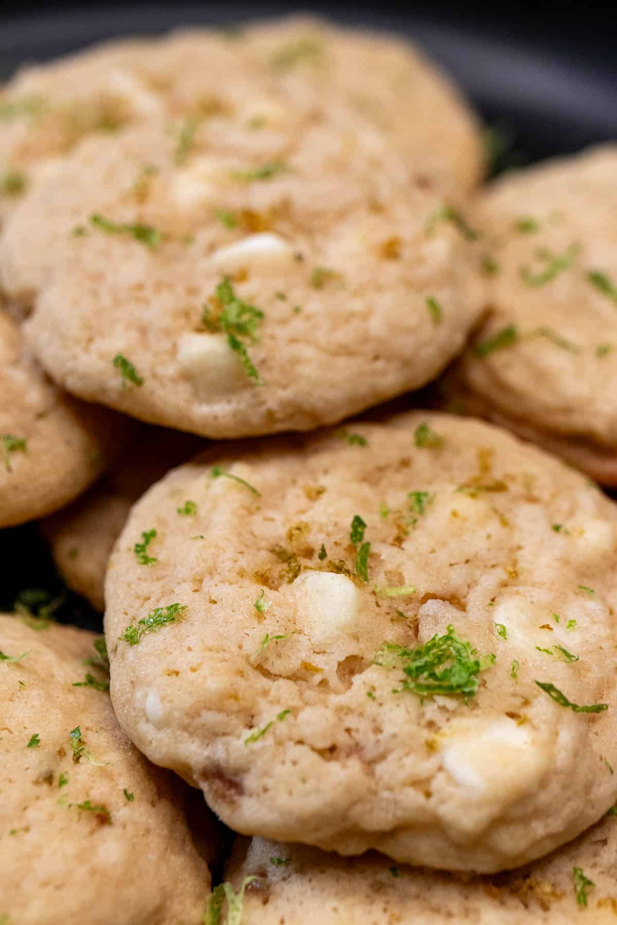 Key lime pie cookies with white chocolate chips and key lime zest.