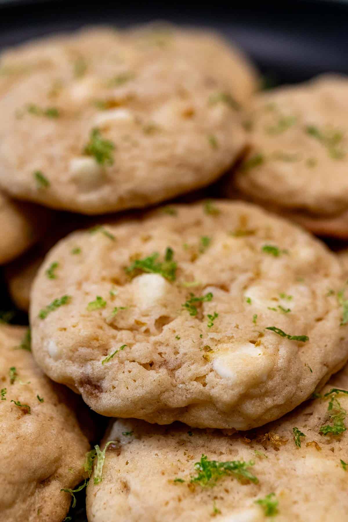 Key lime pie cookies with white chocolate and key lime zest.