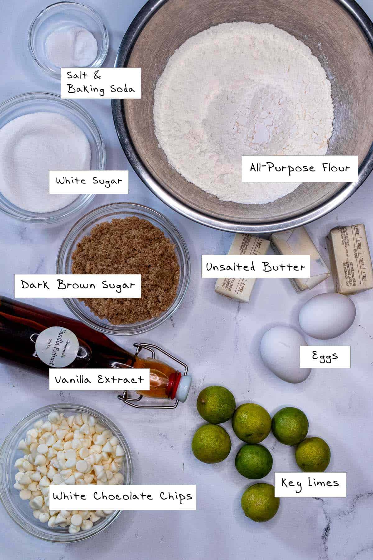 Ingredients for white chocolate key lime cookies.