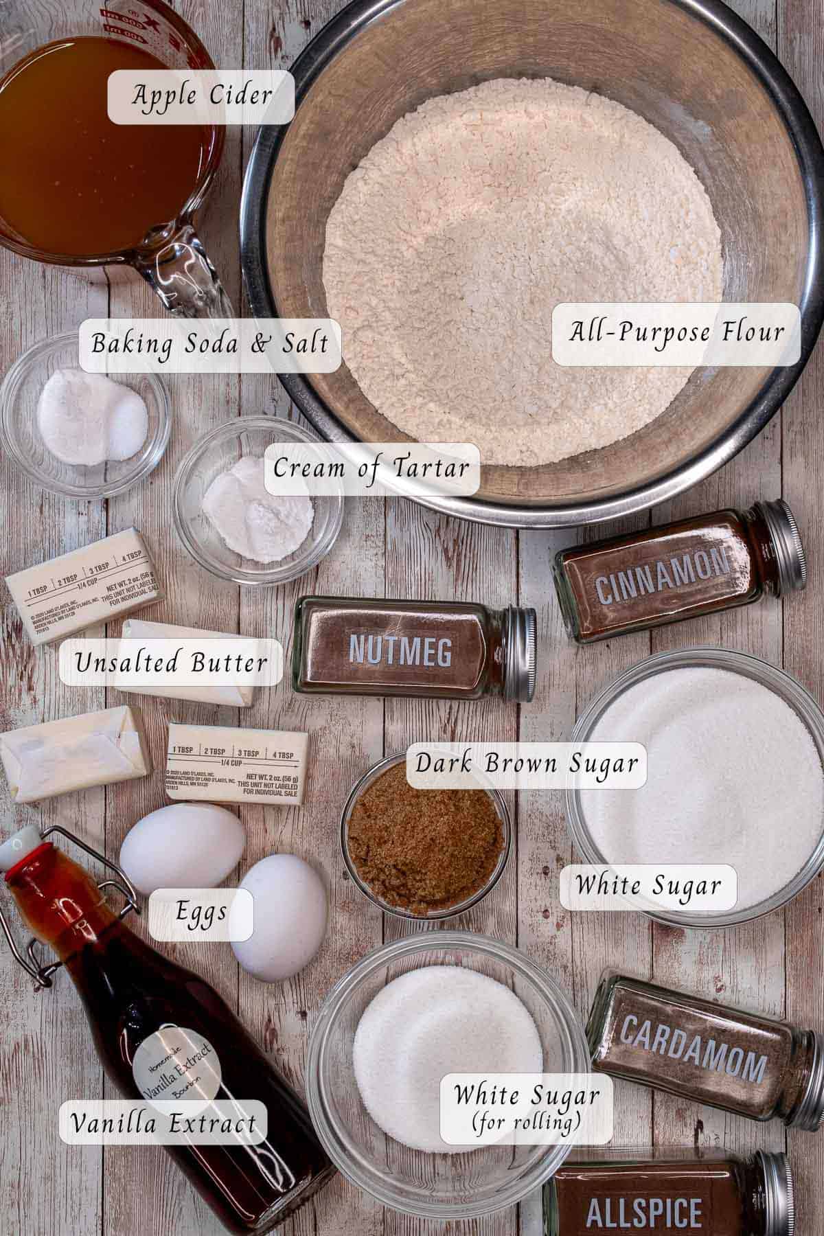 Ingredients for making apple cider snickerdoodles.