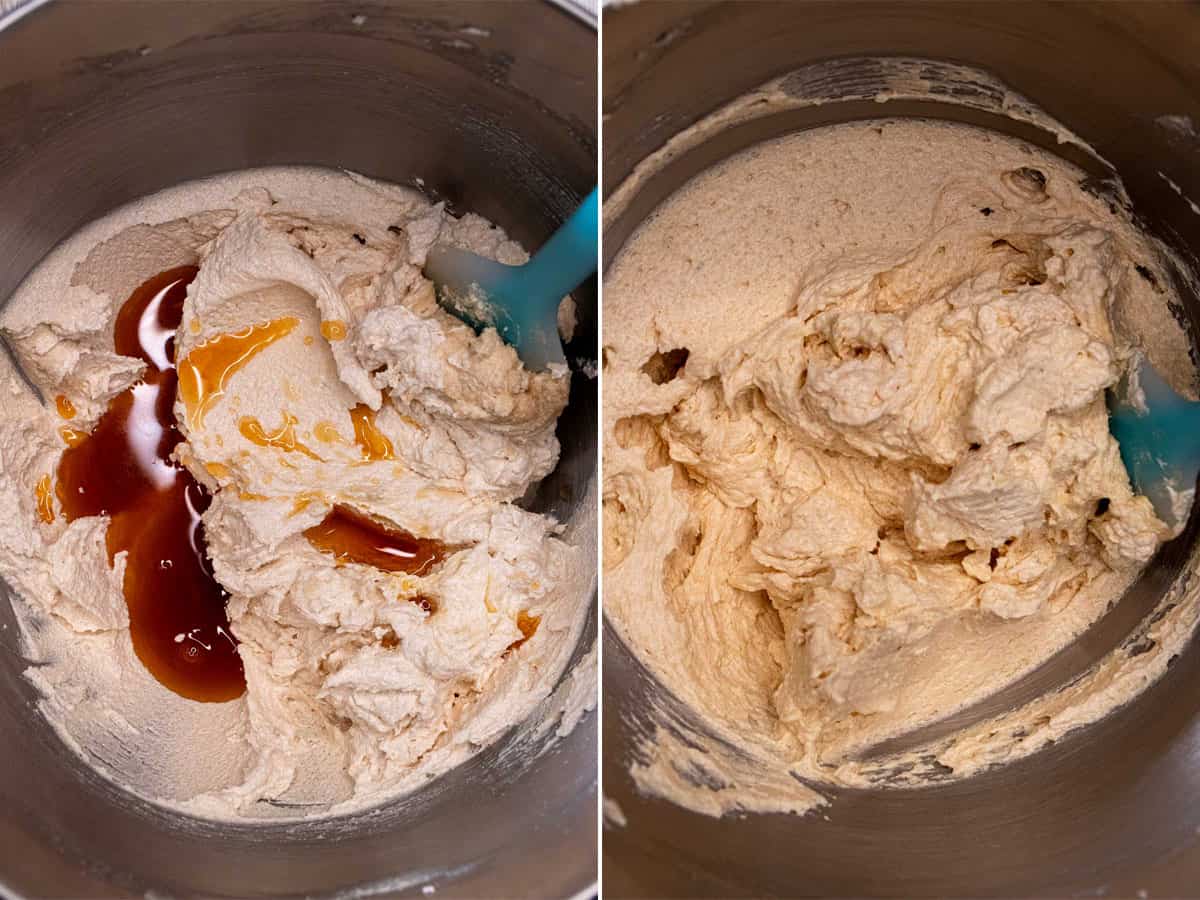 Wet ingredients added to creamed butter and sugar for snickerdoodles.