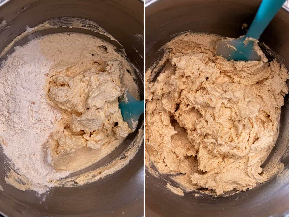 Mixing the dry ingredients into the wet ingredients for snickerdoodles.