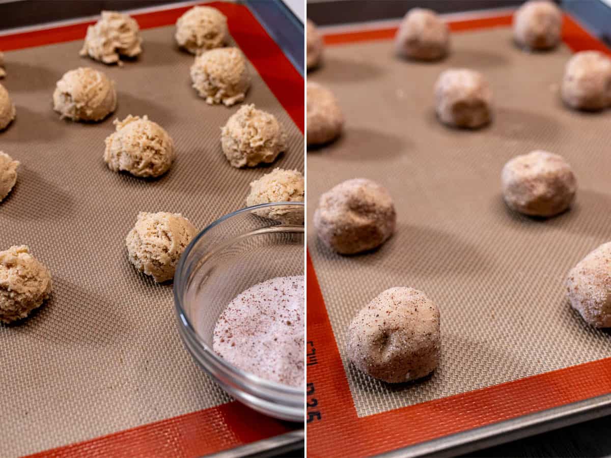 Rolling snickerdoodle dough into balls and through sugar mixture before baking.