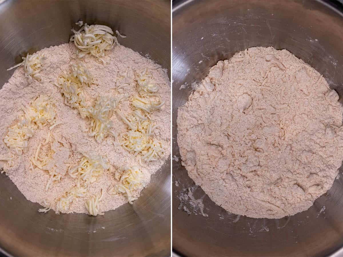Grating and mixing frozen butter into dry ingredients for apple scones.