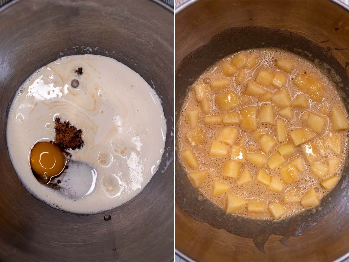 Mixing wet ingredients for apple scones, then stirring in diced apple.