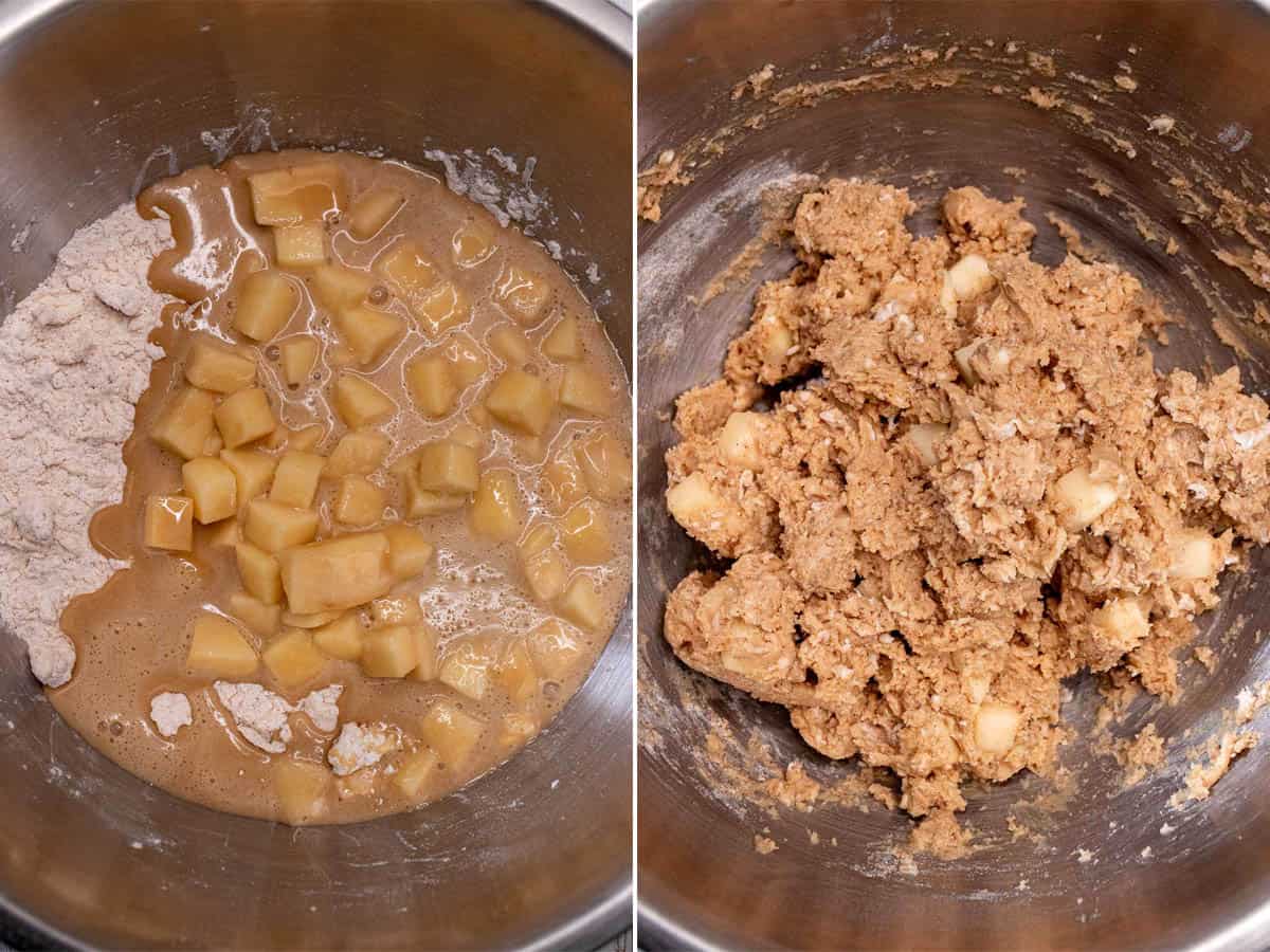 Adding wet scone ingredients into the dry, then mixing until just combined.