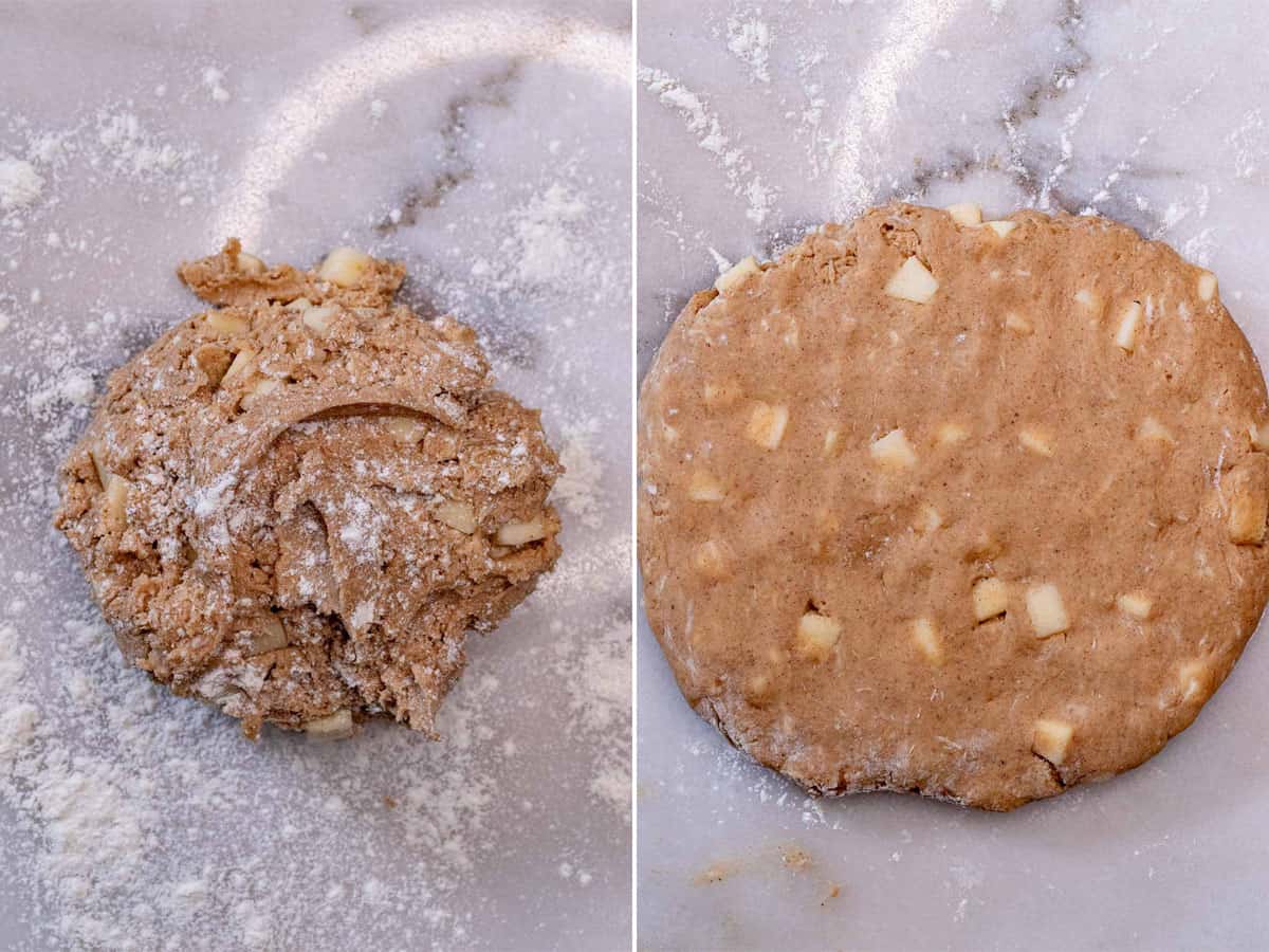 Forming scone dough into a round disc shape.