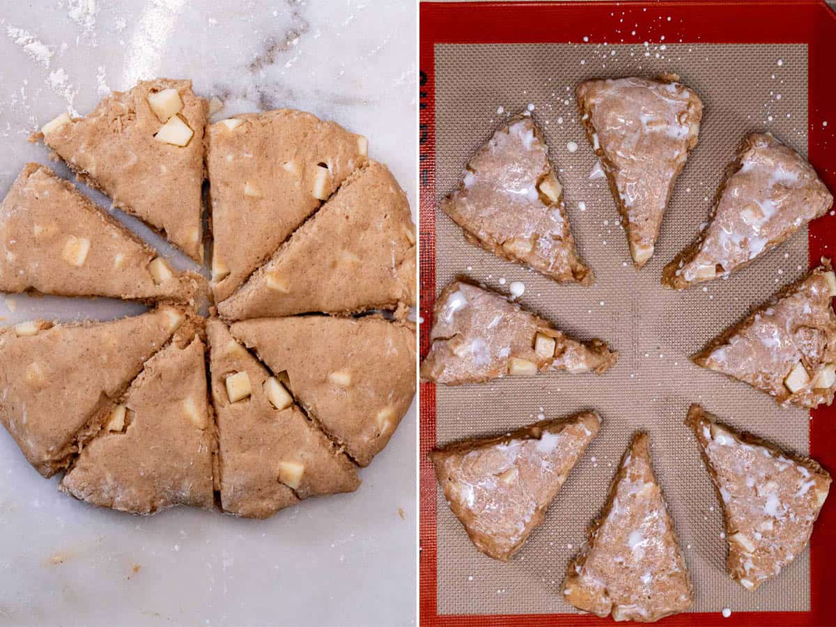 Cutting scone disc into even wedges, then brushing tops with cream.