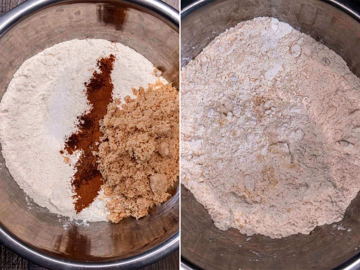 Mixing dry ingredients for barmbrack and then cutting in butter.