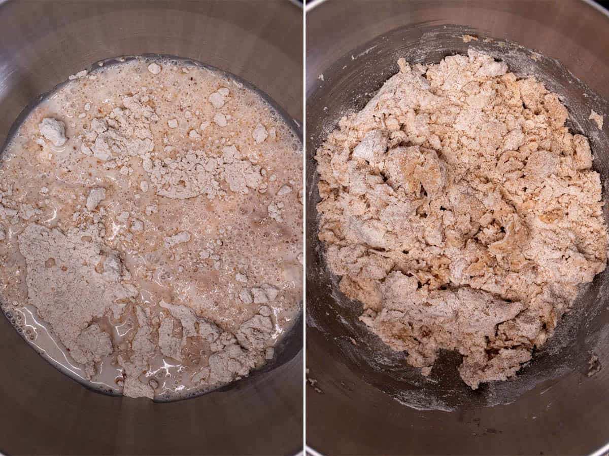 Before and after adding bloomed yeast to dry ingredients and mixing.