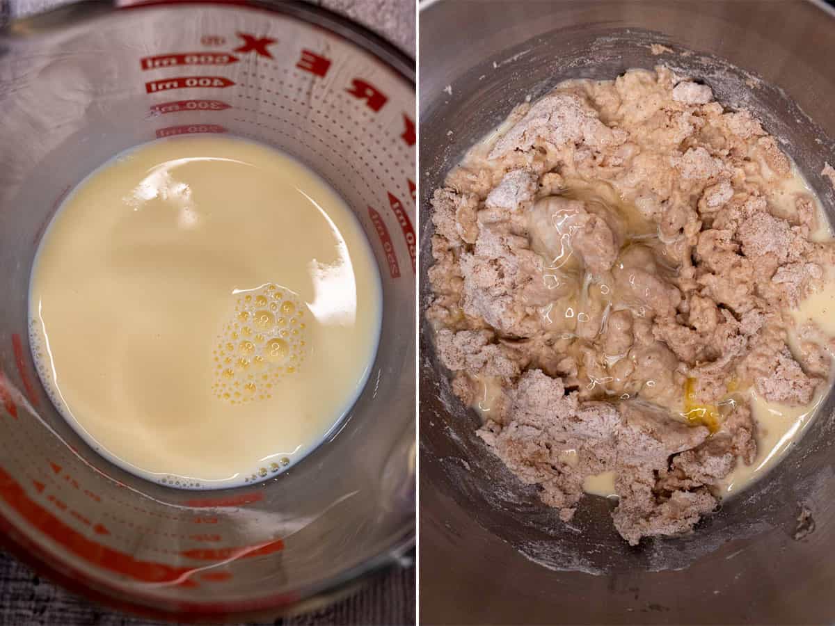 Mixing egg with milk and adding to the barmbrack dough.