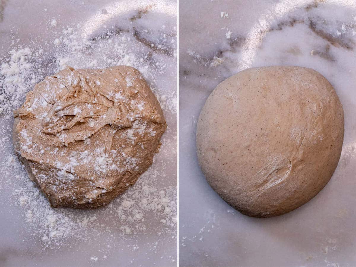 Finishing kneading barmbrack dough by hand.