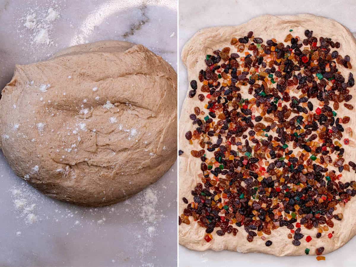 Stretching dough after first rise and adding dried fruit.