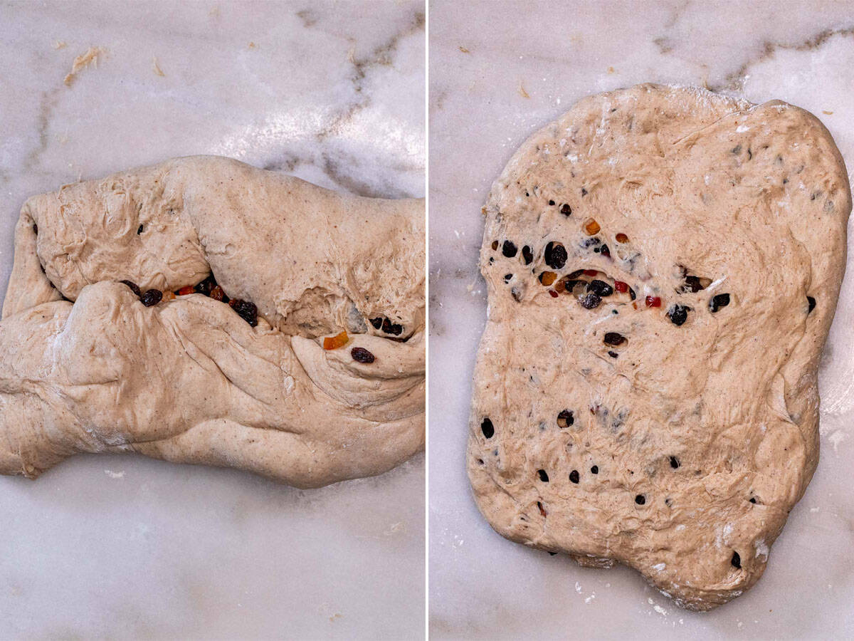 Folding the dried fruit into the barmbrack dough.
