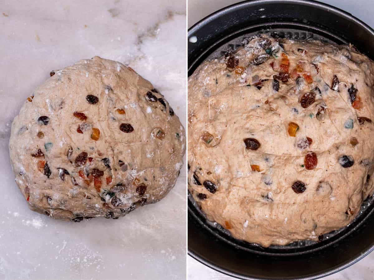 Finished dough added to springform pan for second rise.