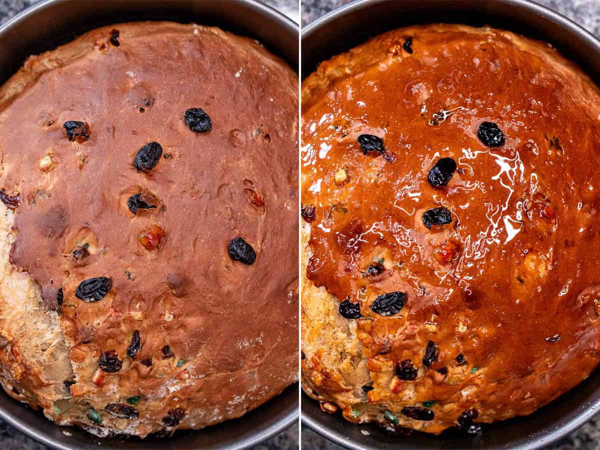 Barmbrack after baking and then topped with honey.