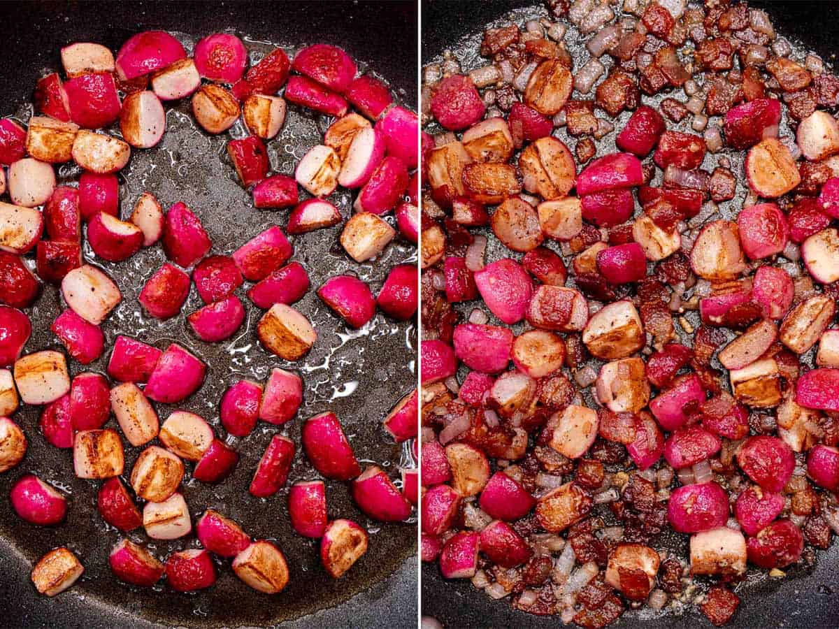 Sauteed radishes, then bacon, garlic, and shallots added to them