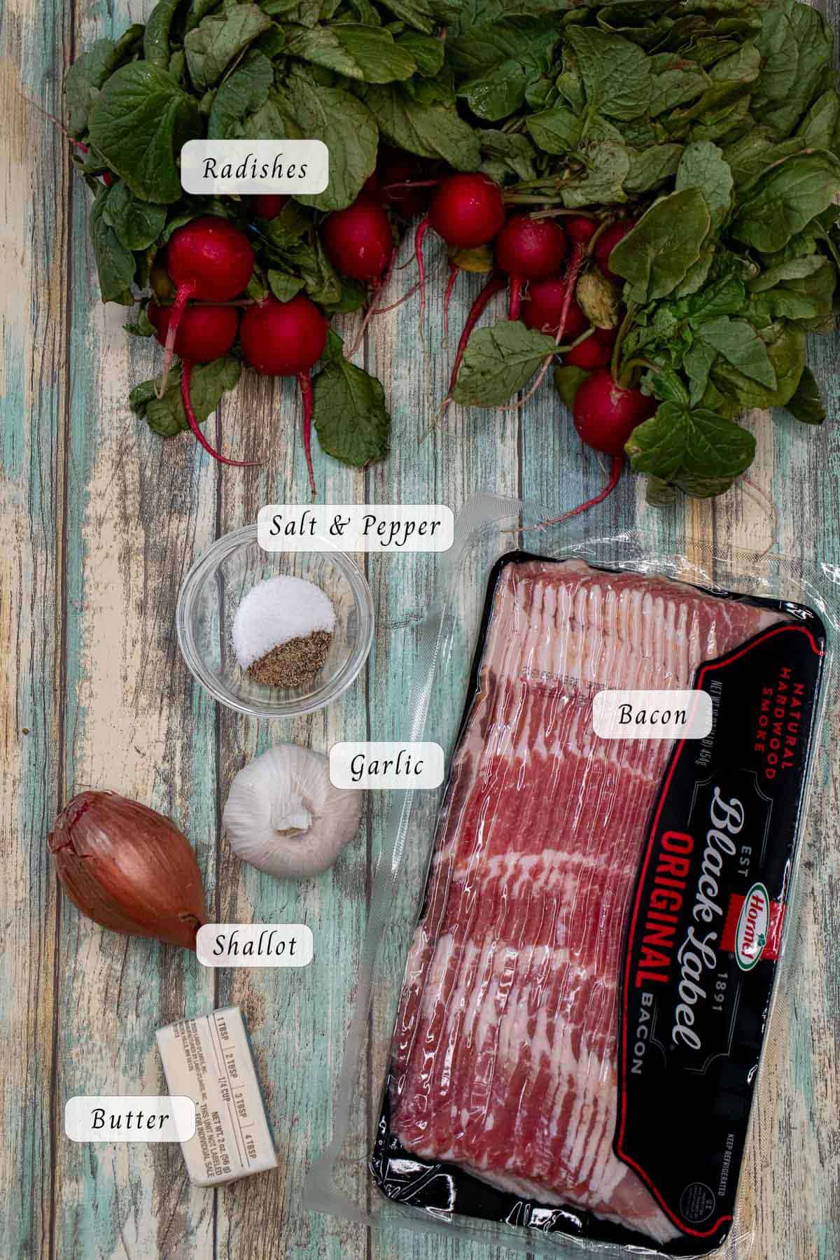 Ingredients for sauteed radishes with bacon.