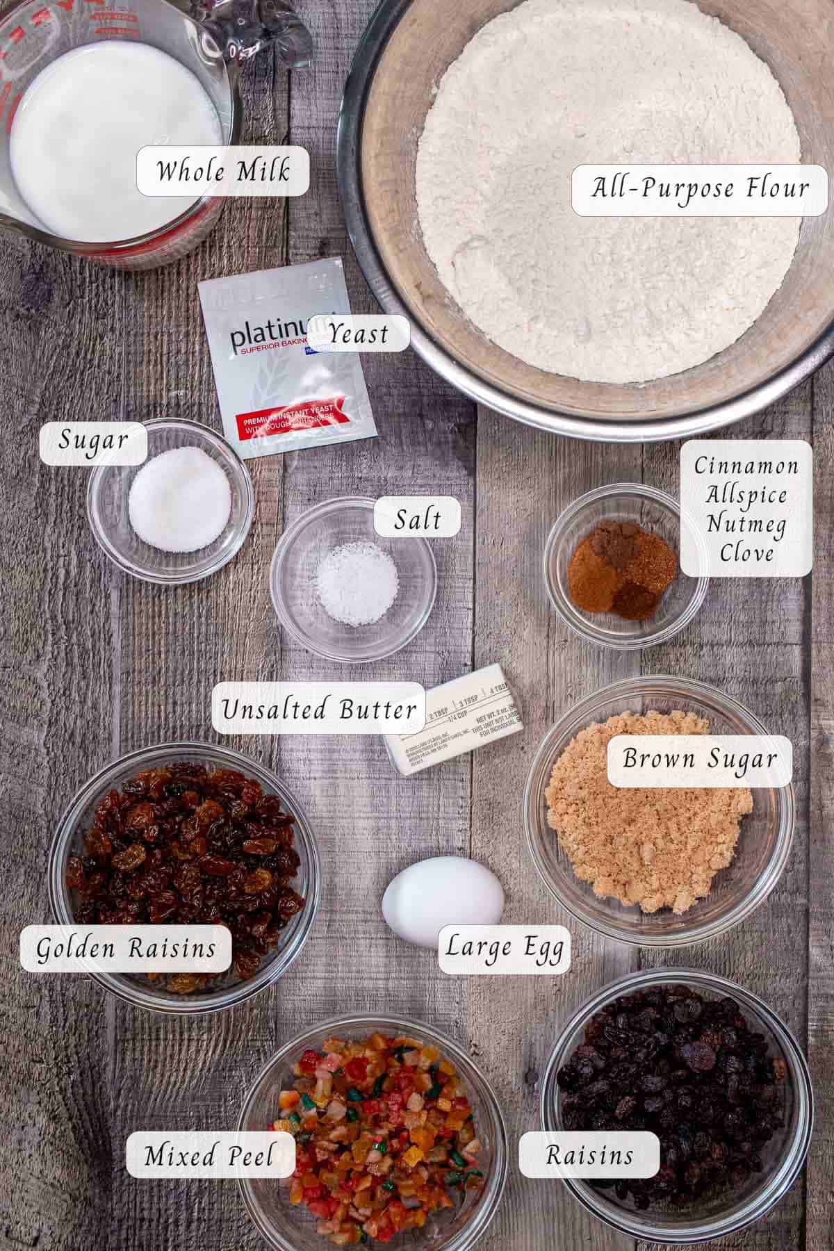 Ingredients for making a yeasted, Irish barmbrack.